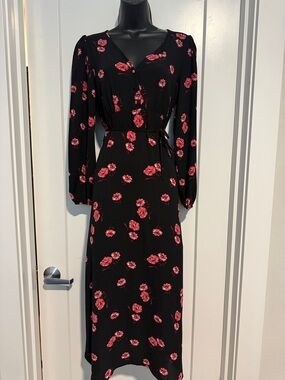 Papaya Black Long Sleeve Wrap Dress with Pink Floral Print